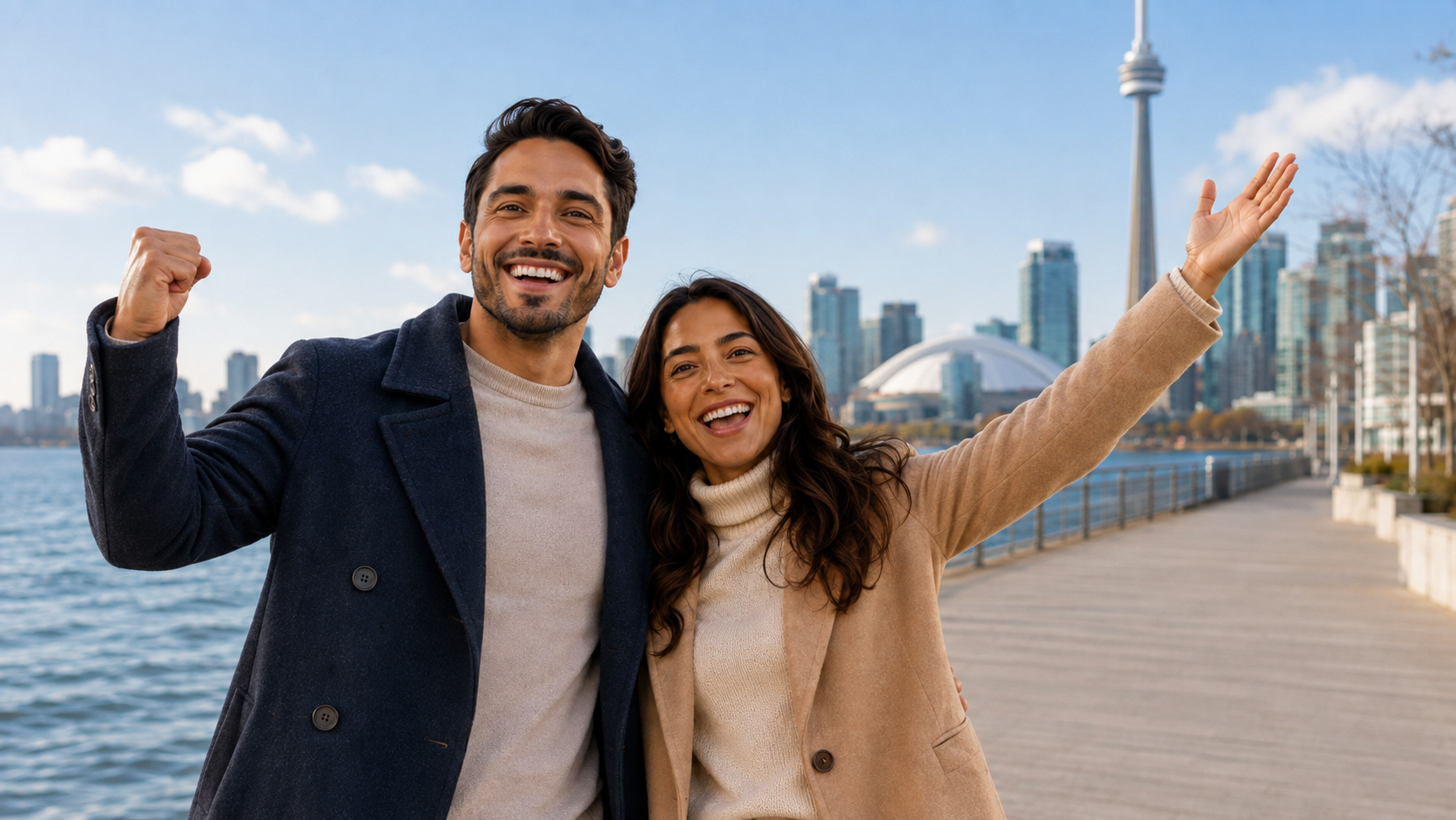 Pareja sonriente en Toronto con la CN Tower al fondo, simbolizando una nueva vida en Canadá